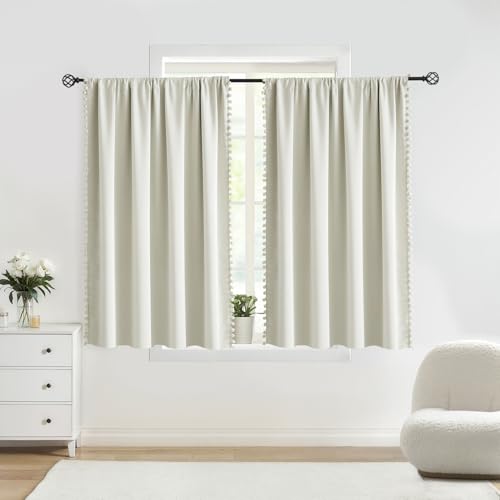 Image of Treatmentex Pom Pom Blackout Curtains Ivory Short Natural Thermal Insulated Window Drapes for Kids 52 inchX54 inchL 2pc Rod Pocket