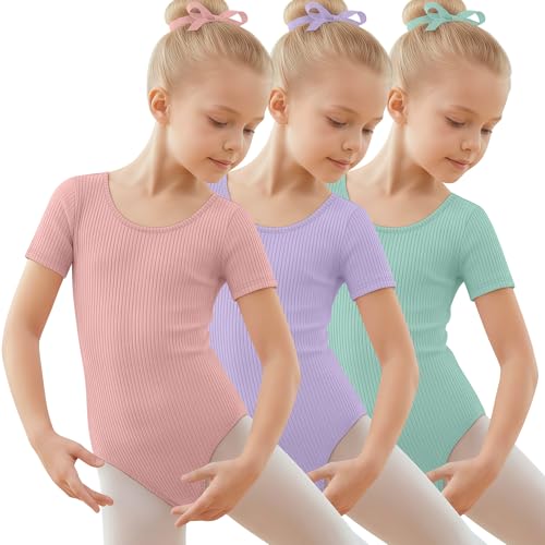 LessonZoo 3 Pack Girls' Ballet Leotards Short Sleeve Ribbed Toddler Dance Bodysuit Gymnastics...