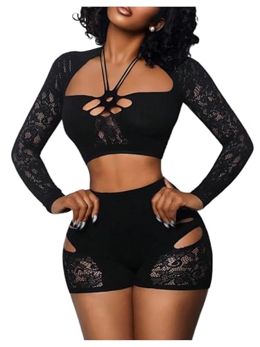 Milumia Women's 2 Piece Outfit Sexy Cut Out Sheer Mesh Crop Top Skinny Shorts Sets Black One-Size