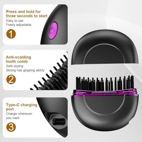 Image of Mini Hair Straightener, Rechargeable Portable Hair Straightener Brush,3-Speed Temperature Control Rechargeable Fast Heating Hot Comb Anti-Scald Shell, Portable Travel for Women (Black)