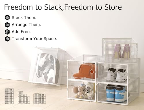 15 Pack X-Large Shoe Storage Boxes Organizers, Shoe Boxes Clear Plastic Stackable Shoe Containers with Lids, Foldable Space-Saving Storage Bins Shoe Cabinet, Fit up to Men's US 11/Women's US 12, White by Simple Deluxe - Image 2