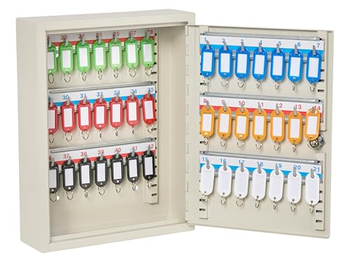 The Workplace Depot Lockable Key Cabinet -White Heavy Duty Steel Wall Mounted Key Lock Safe with Key Hooks & Coloured Key Tags for Home, Office, Garage & Warehouses(42 Key Capacity)