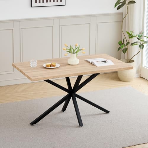GrandCA HOME Mesa de Comedor de 140 cm, Moderna Mesa de Cocina Minimalista, Cuatro Patas de Metal, Ideal para Sala y Comedor, Marrón Claro