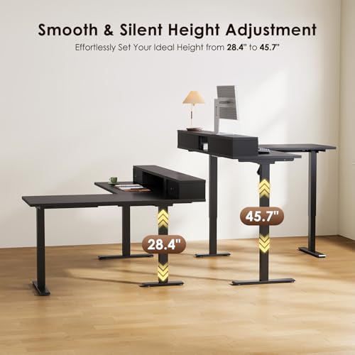 Image of Casaottima 59 Inch Electric L-Shaped Standing Desk with Drawers, Height Adjustable Stand Up Corner Desk with Monitor Stand, Lift Table for Home, Office, Workstation, Black