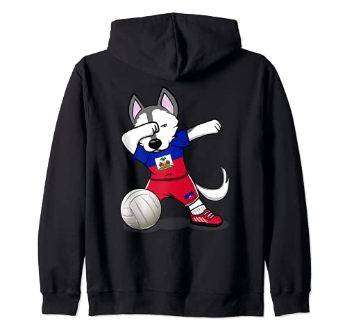 Dabbing Husky Dog Haiti Volleyball Fans Jersey Haitian Flag Zip Hoodie, Black
