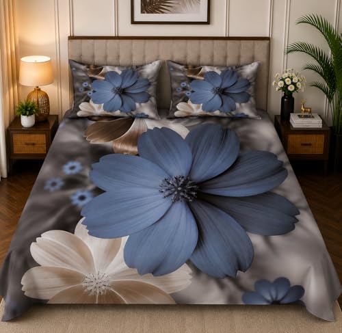 Image of 7D Digital Printed King Size Bedsheet with 2 Pillow Covers | Soft Premium Cotton Feel Microfiber Double Bed Bedsheet |Breathable,Wrinkle Free & Fade Resistant|(Greyblue, KingSize-225x250CM)