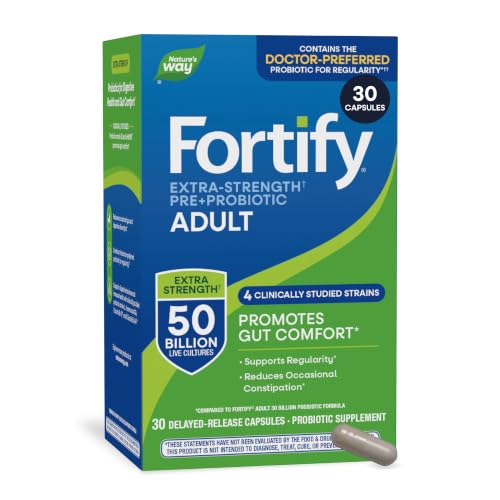 Nature's Way Fortify Adult Extra-Strength Probiotic 50 Billion, 11 Strains with Prebiotic Fiber, Digestive & Immune Health Support, 30 Capsules