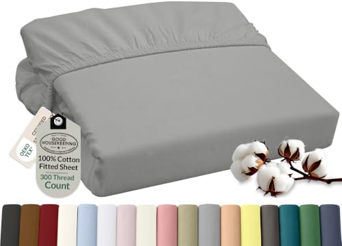 Image of ROYALE LINENS 300 Thread Count 100% Long Staple Combed Cotton Fitted Sheet Twin - Super Soft Deep Pocket Bottom Sheet - Fitted Sheets Only - Elastic Sheets (Twin, Silver)