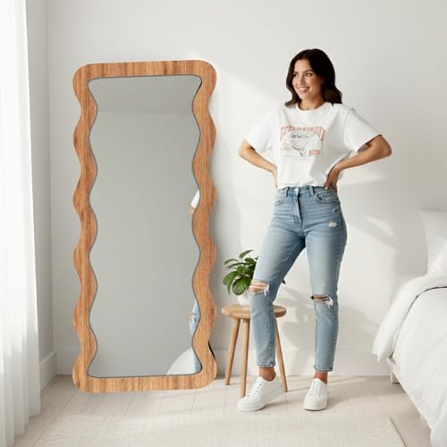 Image of Creative Arts n Frames 22 x 52 inch Full Length Dressing Chevel Long MDF Wood Zigzag Curvy Irregular Shape Framed HD Mirror Home Decor Items (Natural Iqurel Oak Light Zigzag2 Full Length Mirror)