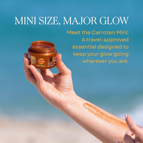 Image of Carroten Shimmer Tanning Gel | Travel Size Tan Accelerator & Body Bronzer | Non-Greasy Water-Resistant with Carrot & Coconut Oil | Vitamin A&E for Moisture & Hydration | TSA Approved | 1.7oz + Spatula