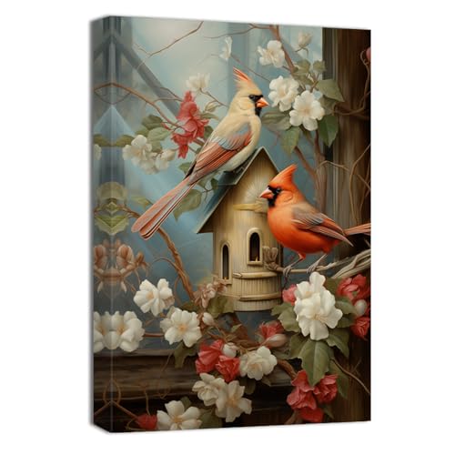 QIXIANG Cardinal Canvas Wall Art Red Bird on Birdhouse Picture Prints Farmhouse Birds Animal Paintings Bathroom Decor Framed(Bird 4,12.00" x 18.00")