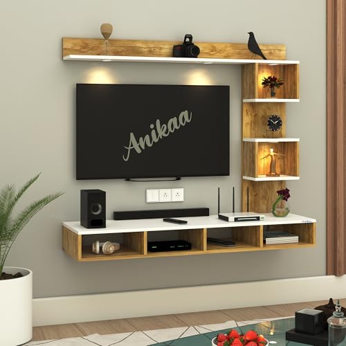 Image of Anikaa Kirina Engineered Wood Wall Mount TV Unit with LED Lights TV Cabinet TV Entertainment Unit Set Top Box Stand (Giantwood /White) (Ideal for 43 Inch)(D.I.Y)