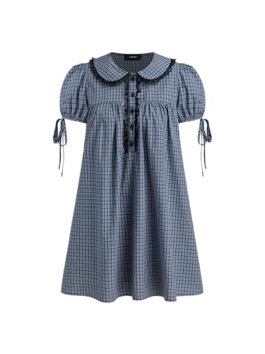 CIDER Dresses for Women Plaid Mini Dress Peter Pan Collar Lace Trim Puff Sleeve Cotton Knotted High Waist Navy Blue