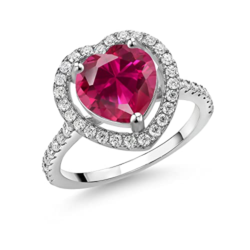 Gem Stone King 925 Sterling Silver 10MM Heart Shape Gemstone Birthstone and White Moissanite Halo Engagement Ring | Wedding Anniversary Promise Ring For Women | Available In Size 5, 6, 7, 8, 9
