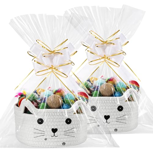 Image of Zopeal 2 Pack Small Cat Woven Basket with Gift Bag and Ribbon, Empty Decorative Gift Basket, Toy Cotton Rope Storage Organizer for Nursery Baby Shower Birthday 8.3 x 4.7 Inch(White)