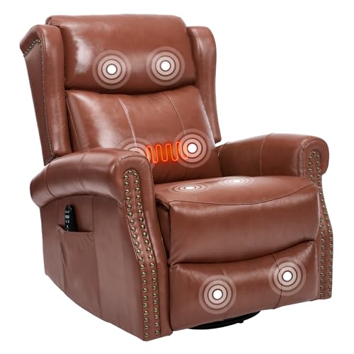 PELUMY Genuine Leather Swivel Rocking Recliner Chair for Adults, 360° Swivel Glider Rocker with Heat & Vibrating Massage, Lounge Chair for Living Room, Bedroom, Nursery (Tangerine-Red Brown)