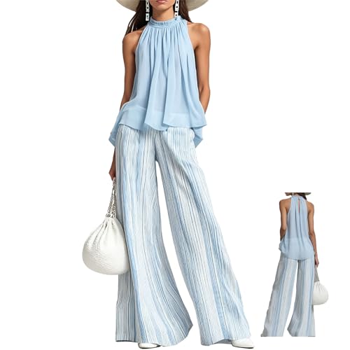 Conjunto casual de dos piezas para mujer con pantalones plisados anchos y camiseta halter