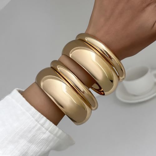 4PCS Wide Gold Bangles Bracelets for Women Stack 2.6in-Width Chunky Gold Cuff Bracelets Exaggerated Geometry Trendy Bangle Jewelry3