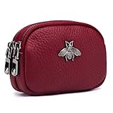 imeetu Monedero de Cuero para Mujer - Bolsita Compacta con 2 Cremalleras y Organizador de Monedas(Rojo)