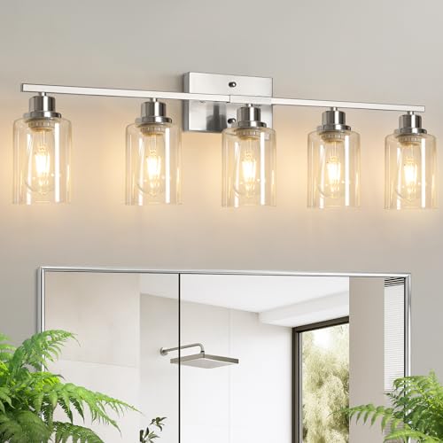 Image of Ascher Bathroom Light Fixtures, 5-Light Vanity Light Over Mirror, Brushed Nickel Wall Sconces with Clear Glass Shades, Wall Lamp for Living Room Bedroom, E26 Base(Bulbs Not Included)