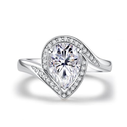 AnuClub Pear Cut Moissanite Engagement Rings 2.5ct D Color VVS1 925 Sterling Silver Moissanite Halo Anniversary Wedding Promise Rings for Women with Certificate