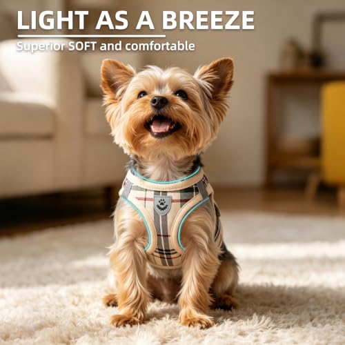 Image of PUPTECK Adjustable Pet Harness Collar and Leash Set for Small Dogs Puppy and Cats Outdoor Training and Running with Classic Beige Plaid Pattern