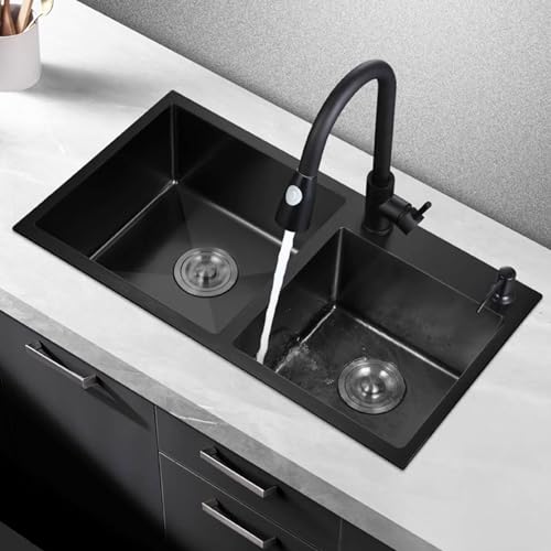 Fregadero grande de dos senos en acero negro 82x45x22cm con grifo extraíble 4