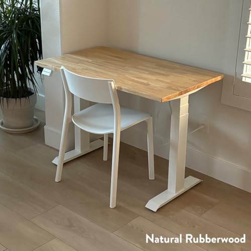 Image of Desky Small Electric Standing Desk, 40 x 24 inches Rubberwood Height Adjustable Sit Stand Desk with Dual Motor and Memory Presets, Compact Home Office Workstation - Natural Wood Top