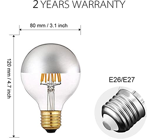 Half Chrome Retro Led Filament Bulb G25/G80 6W Edison Bulb, Silver Bowl Tipped, E26 Base, Soft Warm White 2700K, 60W Equivalent, 110-120Vac, Dimmable (6) #TOP1