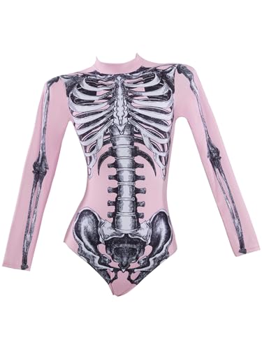 haikyuu Women Pink Skeleton One Piece Swimsuit Long Sleeve Skull Bodysuit Swimwear Goth Gothic Bathing Suit