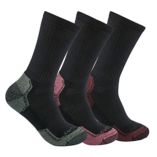 Carhartt Women's Midweight Cotton Blend Crew Sock 3 Pack, Black Assorted, Large