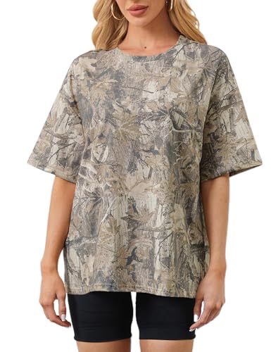 Camo Shirt for Women Maple Leaf Print Short Sleeve Crewneck T-Shirts Summer Oversized Tee Shirts Streetwear