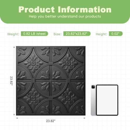 Art3d Drop Ceiling Tiles 2x2, Glue-up Ceiling Panel, Fancy Classic Style in Black