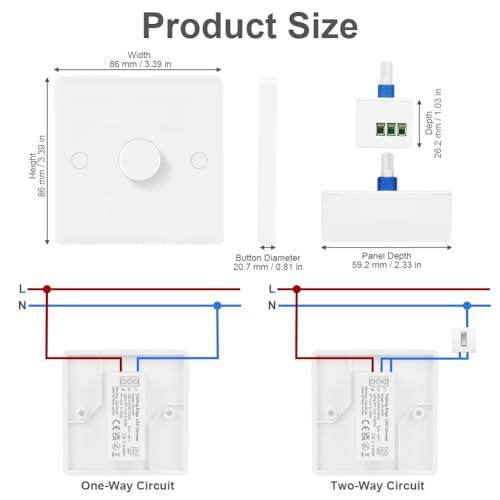AXFEE LED Dimmer Switch, 1 Gang 220V Trailing Edge Inline Dimmer Light Switches Rotary ON/OFF, Suitable for Home 5-200W Dimmable LED, Halogen Bulbs, Ceiling, Incandescent Lights(White) - Image 3