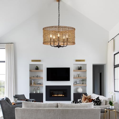 YOMECOO Hand-Woven Rattan Chandelier Vintage Farmhouse Boho Bamboo Chandeliers Light Fixture Rustic Retro 5-Lights Drum Wicker Rattan Black Chandelier for Dining Room, Kitchen, Living Room, E12 - Image 5