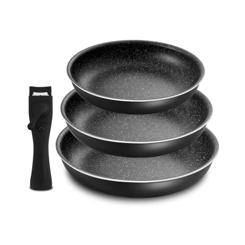 Dixmas Pfannenset, Pfanne 20/24/28 cm, Bratpfanne Set mit Abnehmbarem Griff, Antihaftbeschichtung, Platzsparend, Pfannen-Set für Alle Herdarten,Schwarz