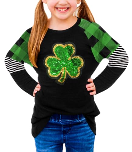 Image of BesserBay Girls St Patrick's Day Raglan Shirt Irish Sequin Lucky Stripe Shamrock Graphic Top 4-14 Years
