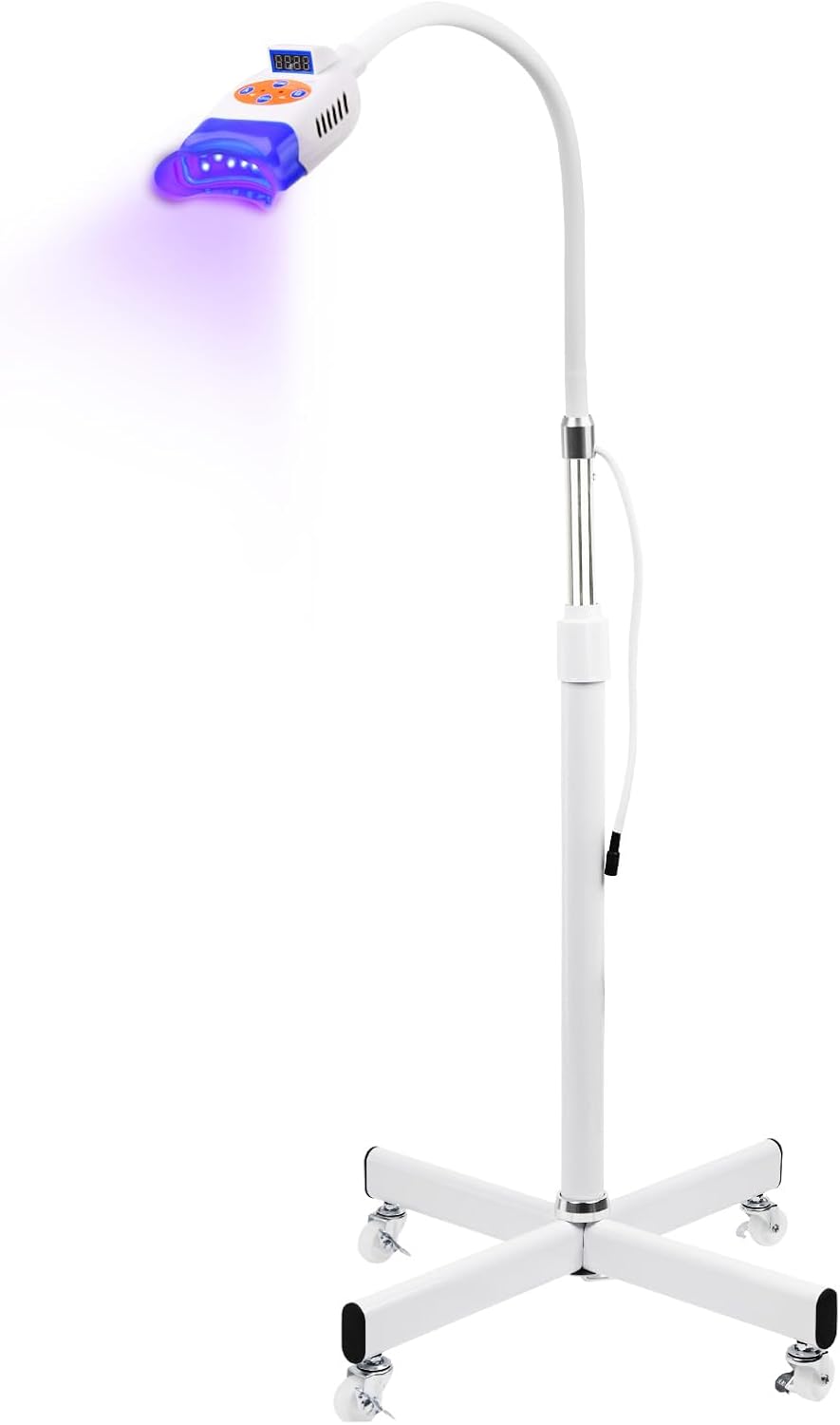 Professional 50W Tee/th Whi/te/ning Light Machine with 12 LED Beads, 3 Color Blue Red Purple Modes, Customizable Time and Light Levels, Ergonomic Mou/thpiece, Stainless Steel Base, HLSMB-01