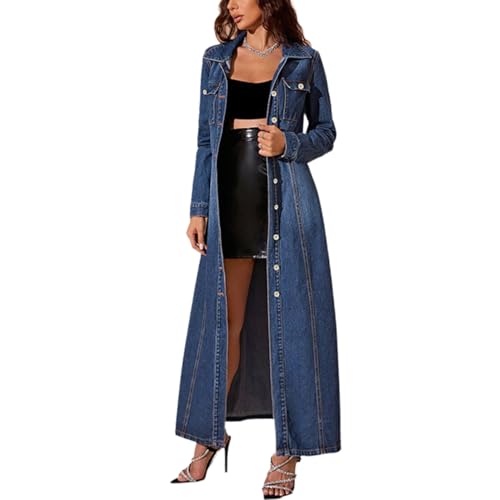 Women's Maxi Denim Dress Long Sleeve Lapel Button Long Jean Dress Fall Casual Denim Trench Coat Jacket3