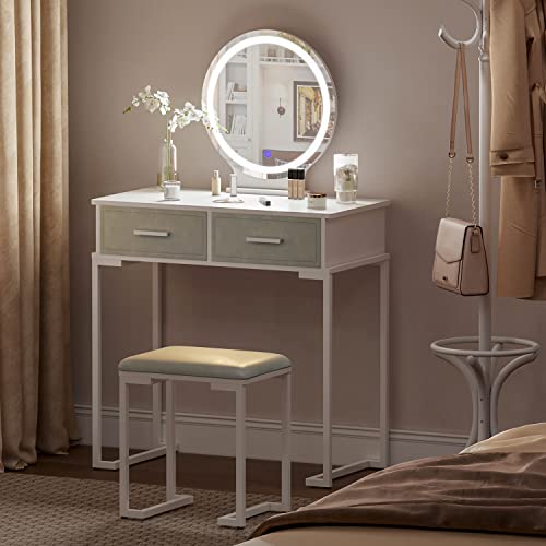 Jooli H Tocador de Maquillaje con LED luz, Tocador con Espejo LED de 3 Colores, 2 Cajones Grandes y...