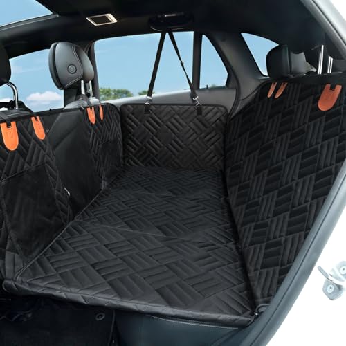 GIIPET ペット用ドライブシート全車種汎用 厚手仕様 犬用 ペットドライブシート 後部座席用 防水&耐摩耗 滑り止め 可視メッシュ窓 飛び出し防止リード付き 4方向展開 折り畳み式 大容量収納ポケット付き 汚れ防止 簡単取り付け132x63x57cm (ブラック, L)