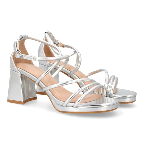 shoes&blues.es 95321 Sandalia de Tacon con Diseno de Tiras Finas y Talon Cerrado. Comodos con Plataforma, Ideal para Ocasiones Especiales. Plata Talla 39