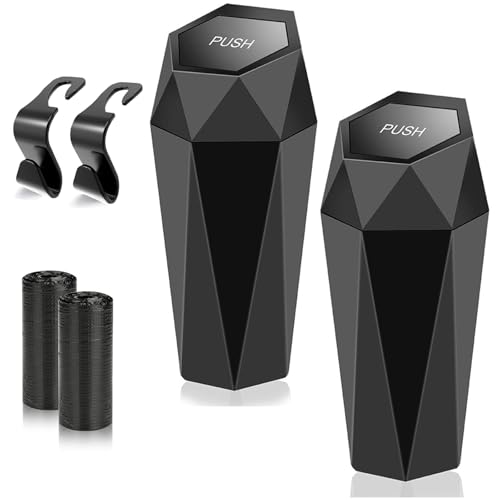 Recopilación de Bolsas para cubo de basura los 10 mejores. 41 Juego de 2 Mini Cubo de Basura para Coche con Tapa,Cubeta de Basura para Coche,Contenedor de Basuracon 2 Ganchos Adicionales de ABS y 2 Rollos de Bolsas de Basura(Negro)