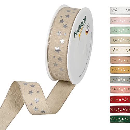 Halbach Seidenbänder Christmas Ribbon 25mm x 18m - Linen with Silver Stars and Lurex Edges - Polyester, 25 mm x 18 m