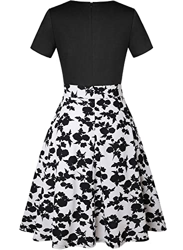 Ihot Summer Casual Dress For Women Short Sleeve Round Neck Floral Flared Date Night Party Cocktail Aline Swing Dresses With Pockets Black White Flower X-Large #TOP2