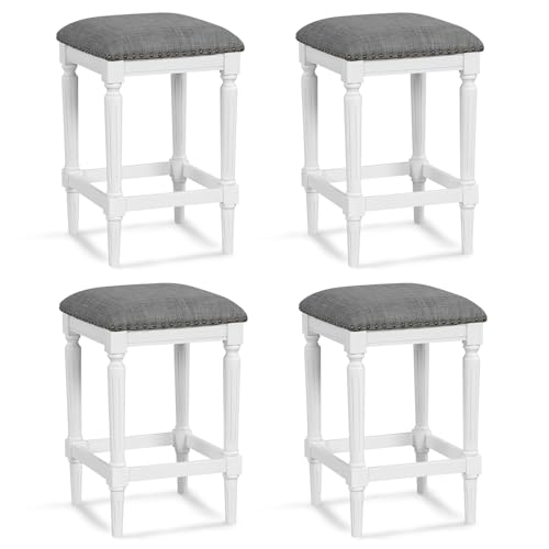 Conjunto de 4 butacos tapizados COSTWAY, ajustables en 3 alturas (31"/27"/19"), sin respaldo, cuadrados, con reposapiés, asientos acolchados, estructura de madera de caucho, para isla de cocina miniatura 1