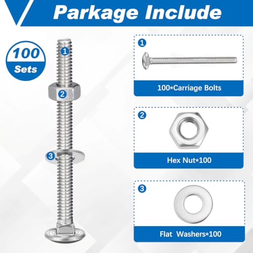Image of Zonon Stainless Steel Carriage Bolts and Nuts Kit Round Head Square Neck Carriage Bolts Screws and Hex Nuts and Flat Washers, Stainless 18-8 Full Thread Coverage(1 /4-20 x 3,Silver,100 Sets)