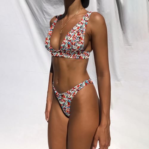 Image of Bathing Suits for Women Deep V Neck Sexy Two Piece Bikini Sets for Women Thong Halter Cheeky Swimsuit