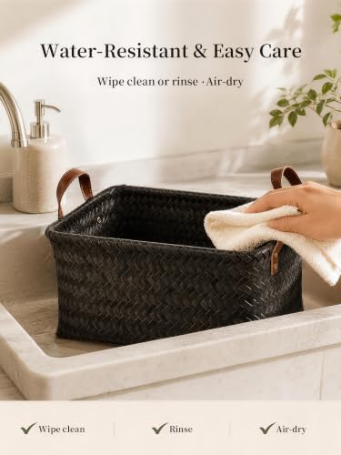 Panovox Hand Woven Baskets for Storage, 4Pcs Water-Resistant Wicker Baskets, Dark Gold Wicker Storage Baskets for Shelves, Large Basket with Handle for Organizing, Laundry, Blanket-Rectangular - Image 7