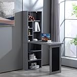 WestWood Foldable Computer Desk, Wall Mounted Work Table, Floating Desk with Blackboard and Bookshelf, Adjustable Shelves 9 Open Compartments Office Desk Storage Shelf (Grey)